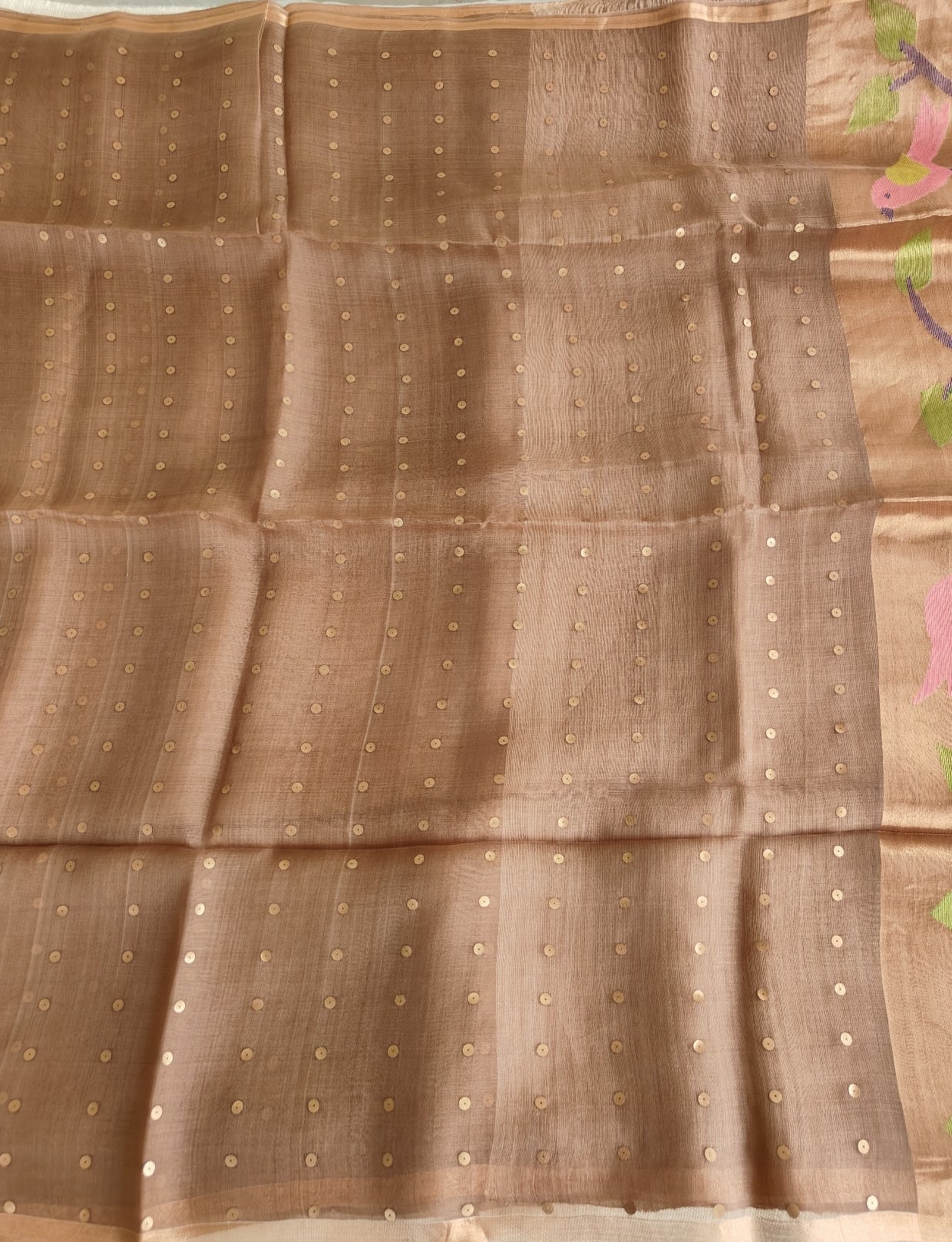 Chocolate Brown Pure Muslin Sequin Paithani Pallu Saree
