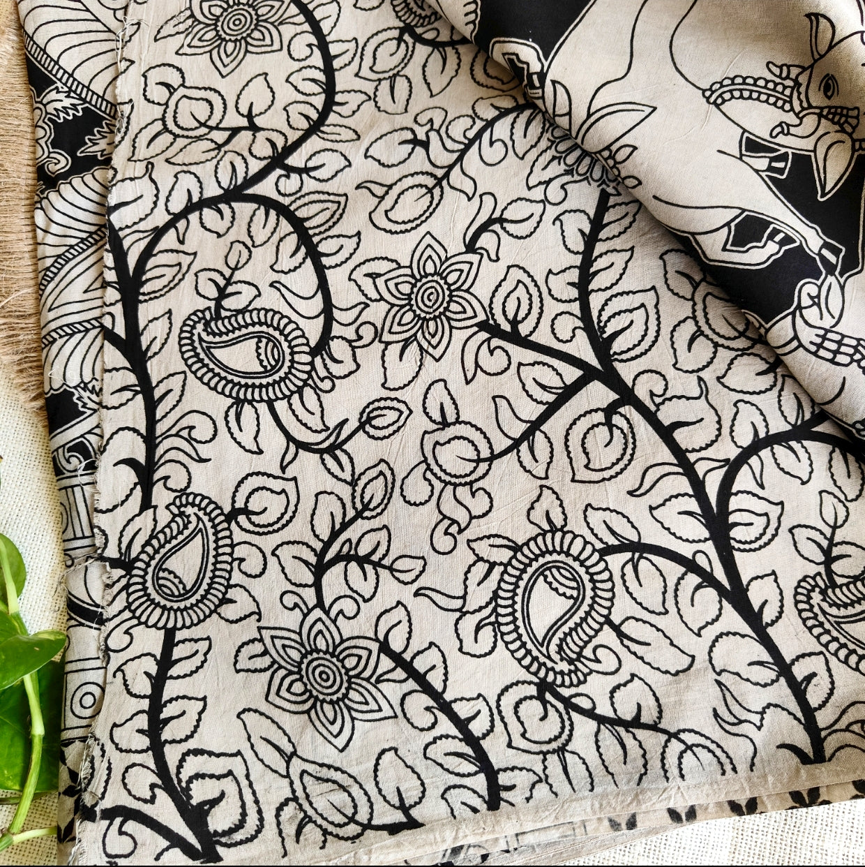 Black and White Cow pattern Kalamkari Cotton Saree