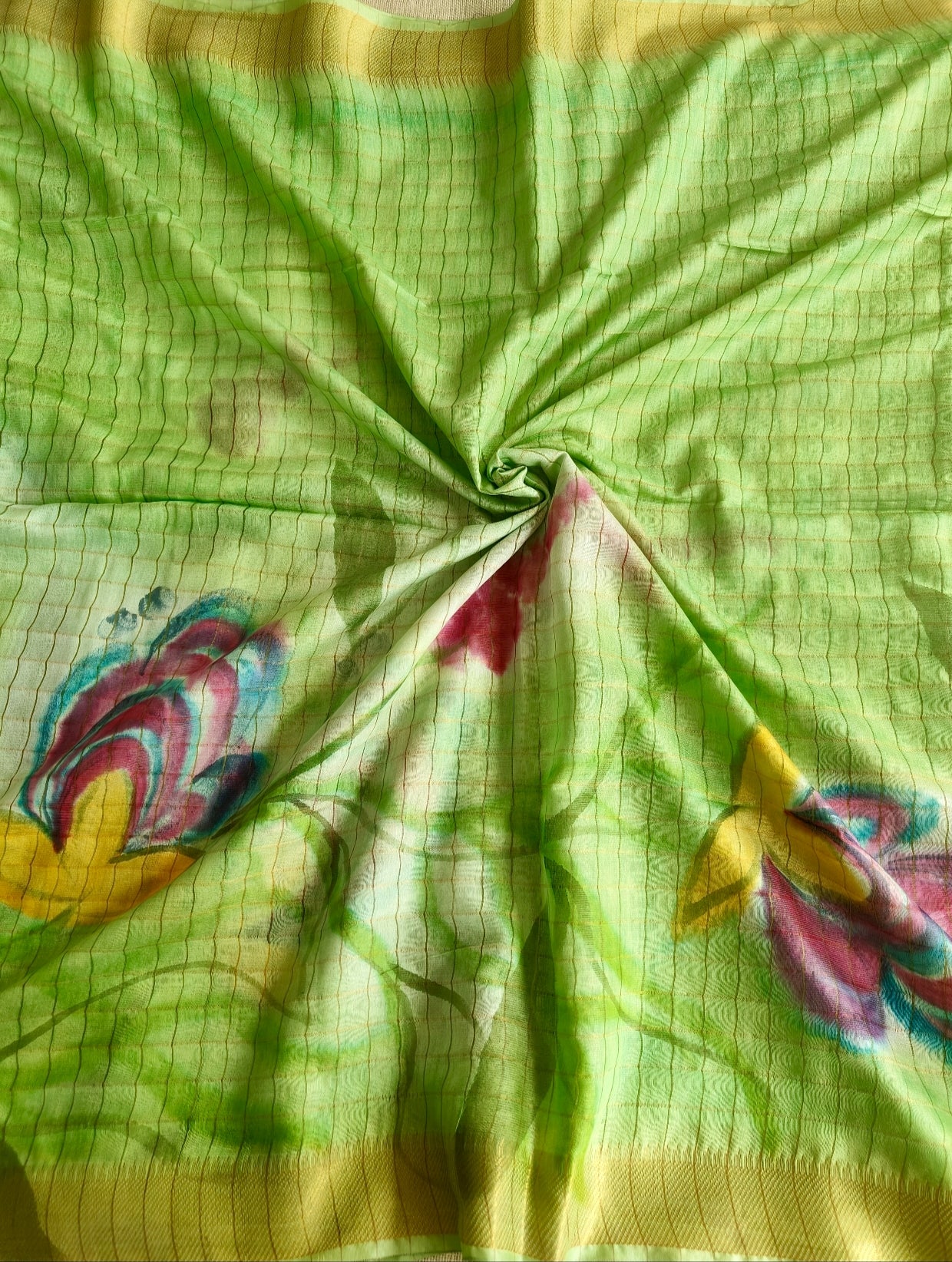 Green Maheshwari Silk Hand-painted Saree