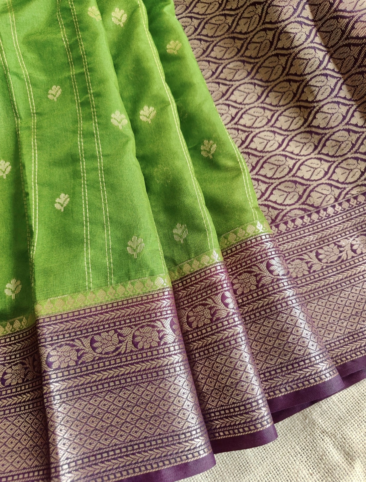 Green with Plum Silver Antique Silk Saree