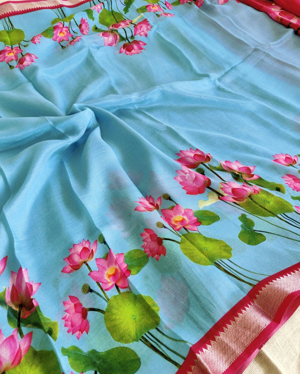 Sky Blue with Lotus Pure Mangalagiri Silk Saree
