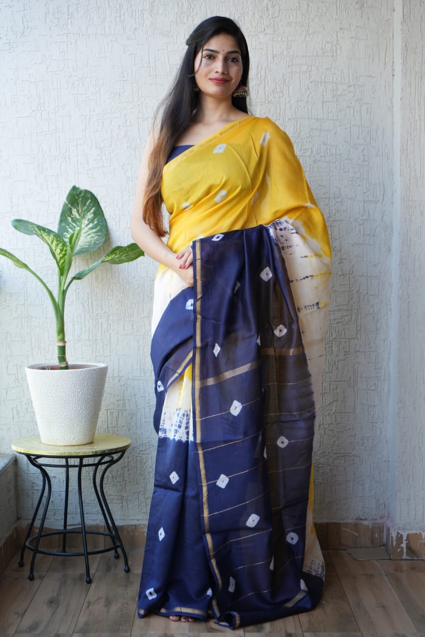 Indigo Yellow Shibori Tie-Dye Chanderi Silk Cotton Saree