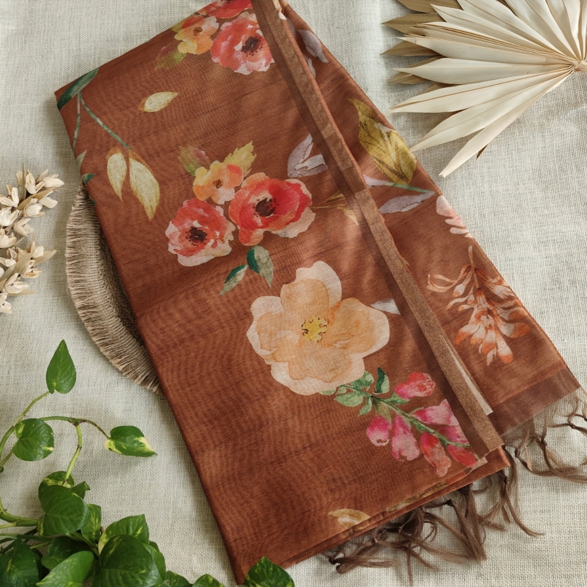 Mild Brown Chanderi Floral Print Saree