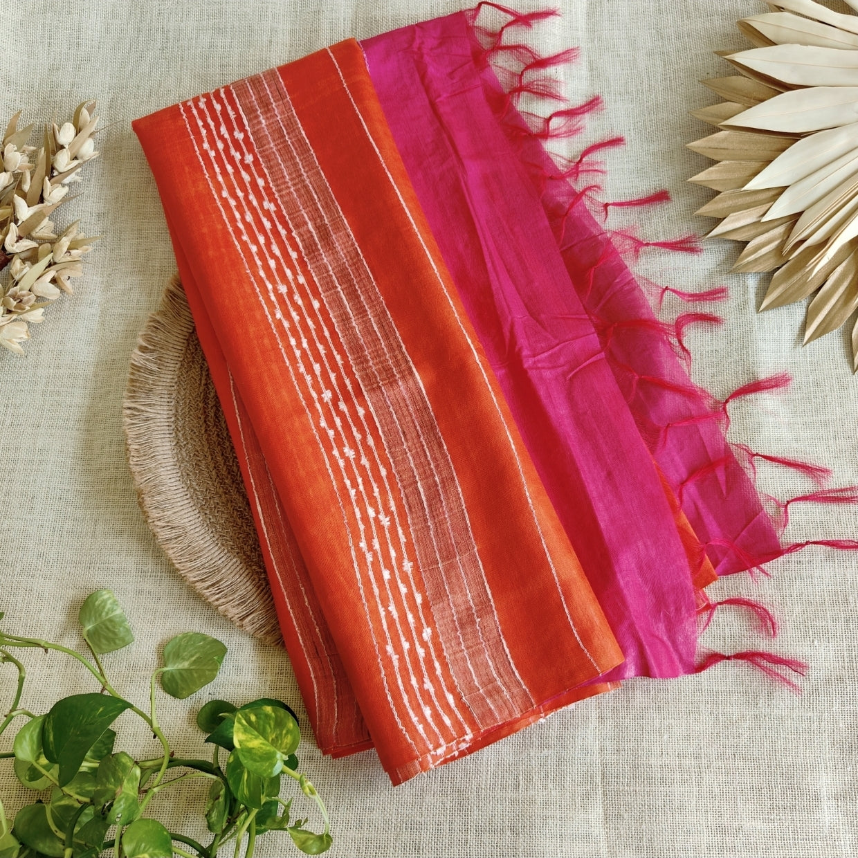 Orange with Pink Kota Silk Baswara Staple Saree