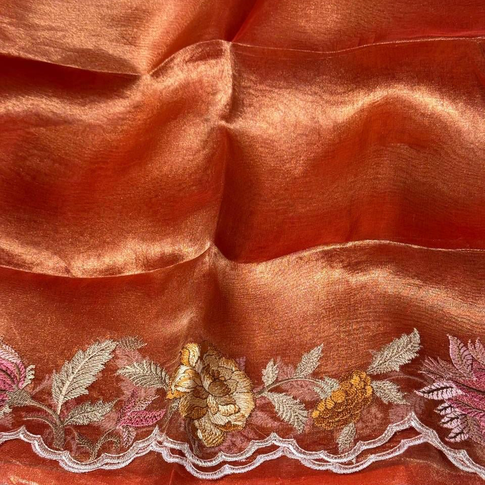 Orange Pure Tissue with Organza Embroidery Silk Saree