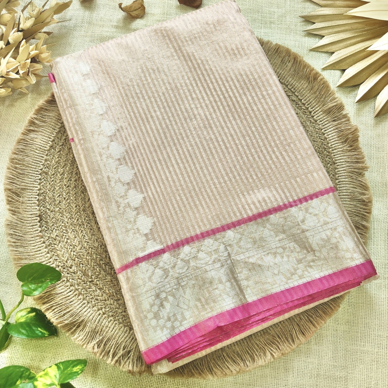 Exclusive Peach Banarasi Antique Gold Stripe Saree