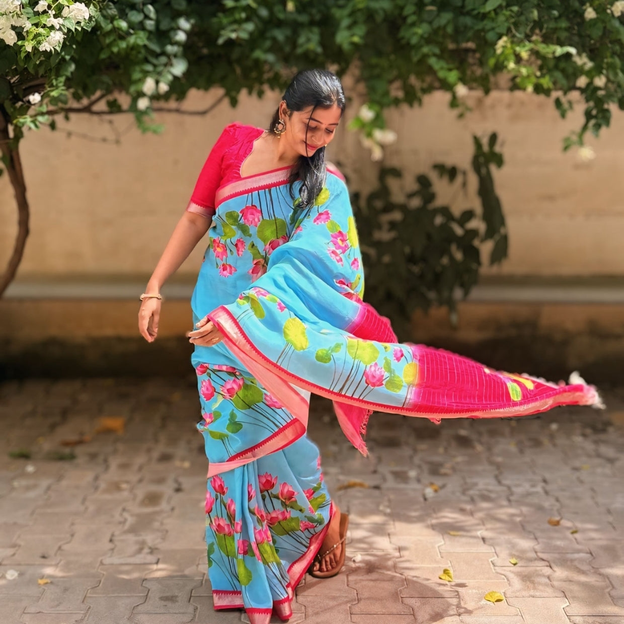 Sky Blue with Lotus Pure Mangalagiri Silk Saree
