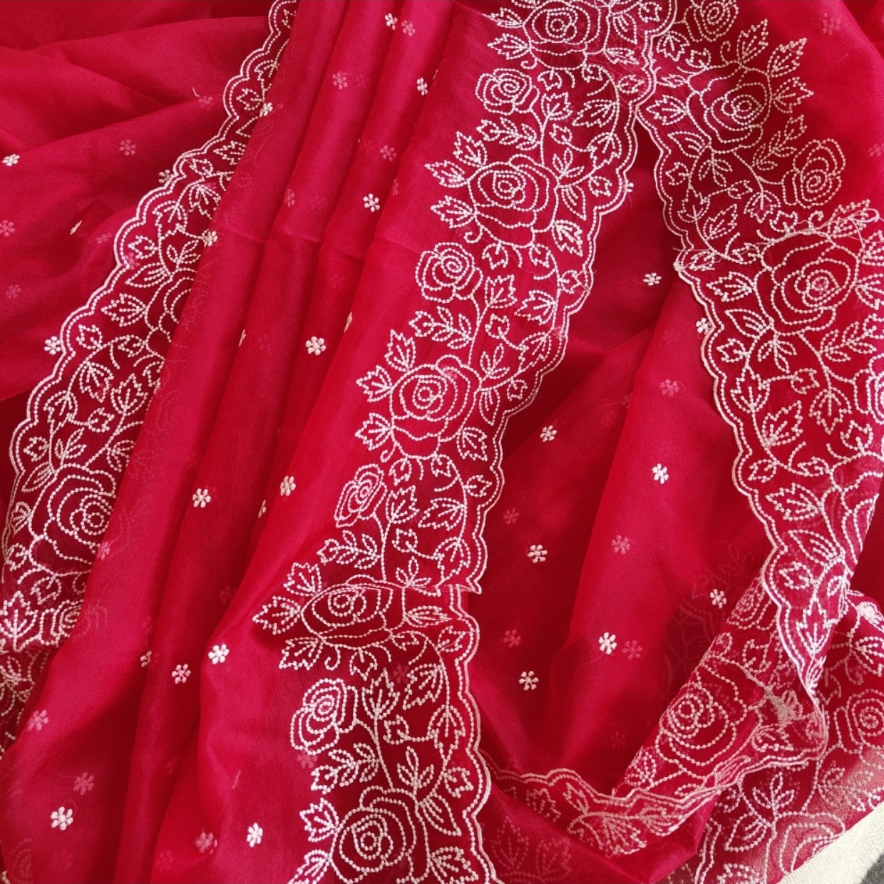 Red Floral Scallop Embroidery Organza Saree
