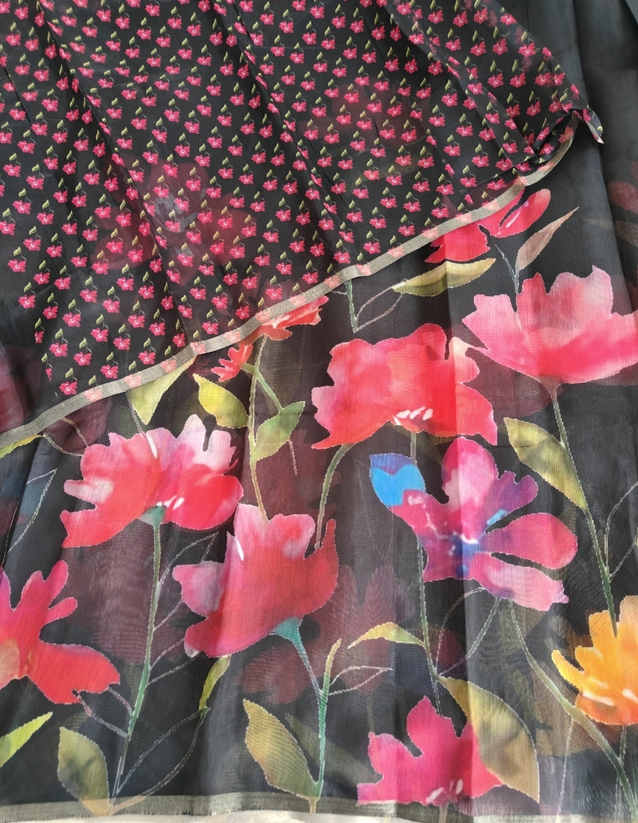 Black Chanderi Floral Print Saree