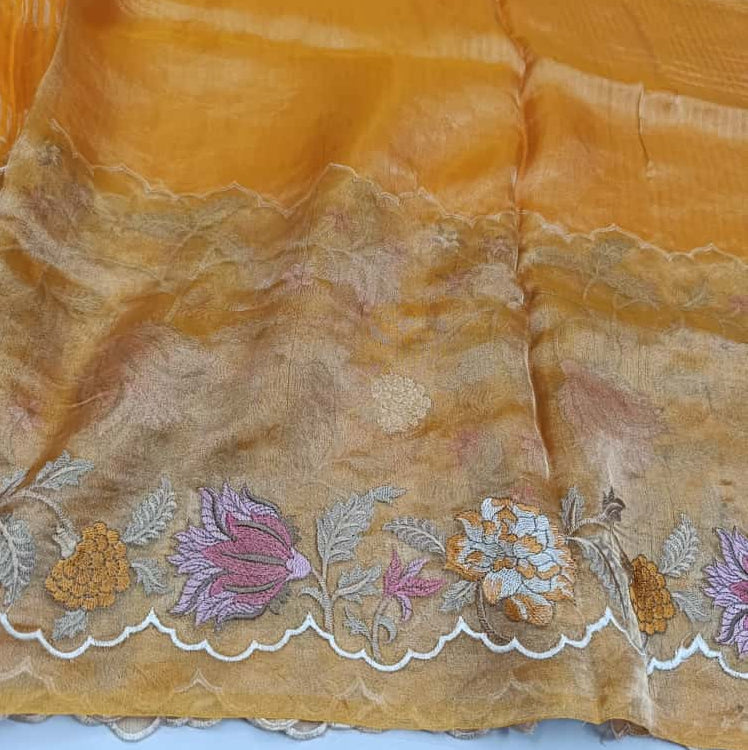 Yellow Pure Tissue with Organza Embroidery Silk Saree