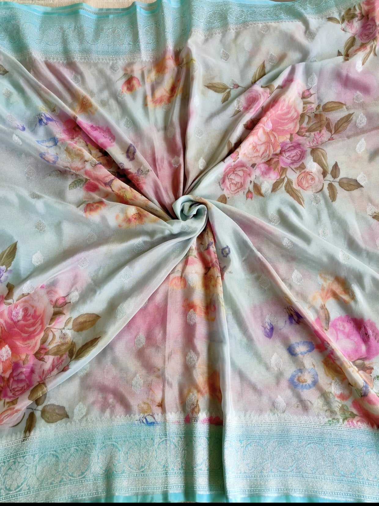 Sky Blue Pure Georgette Floral Saree