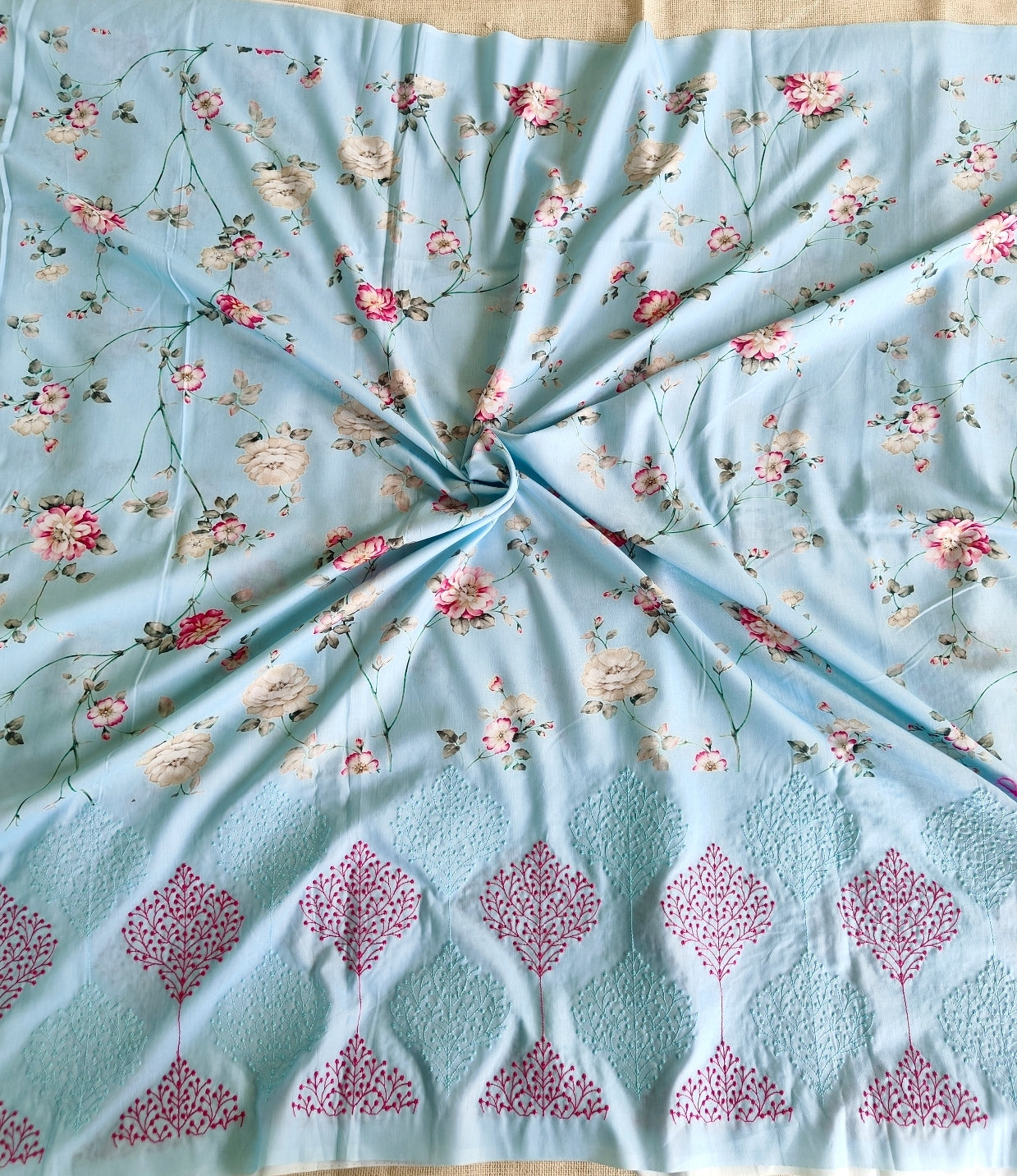 Sky Blue Muslin Floral Print with Embroidery