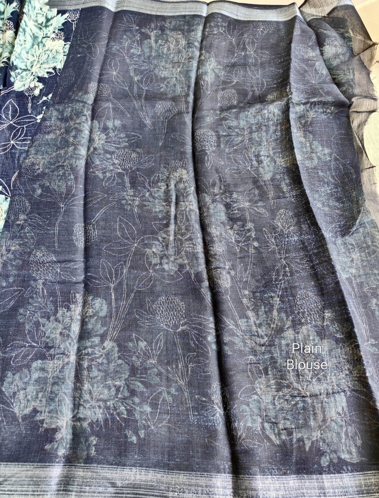 Dark Blue Floral Linen Saree