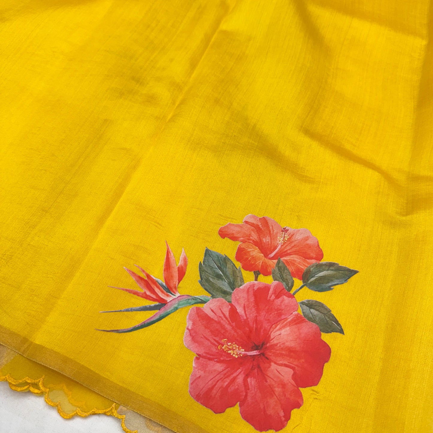 Mustard Gold Stripes Floral Appliqué Pure Tissue Organza Saree