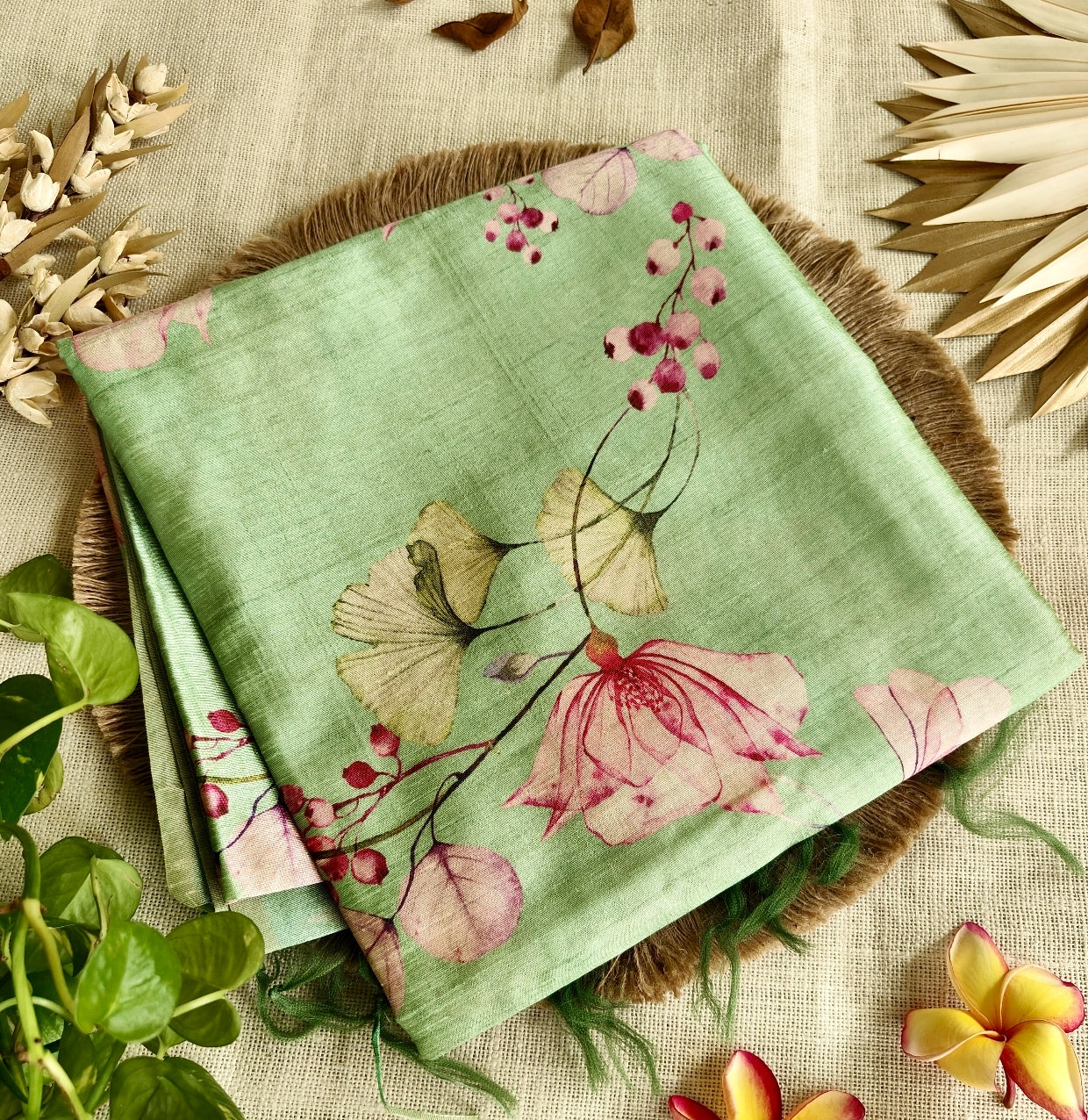 Green Floral Semi Tussar Saree