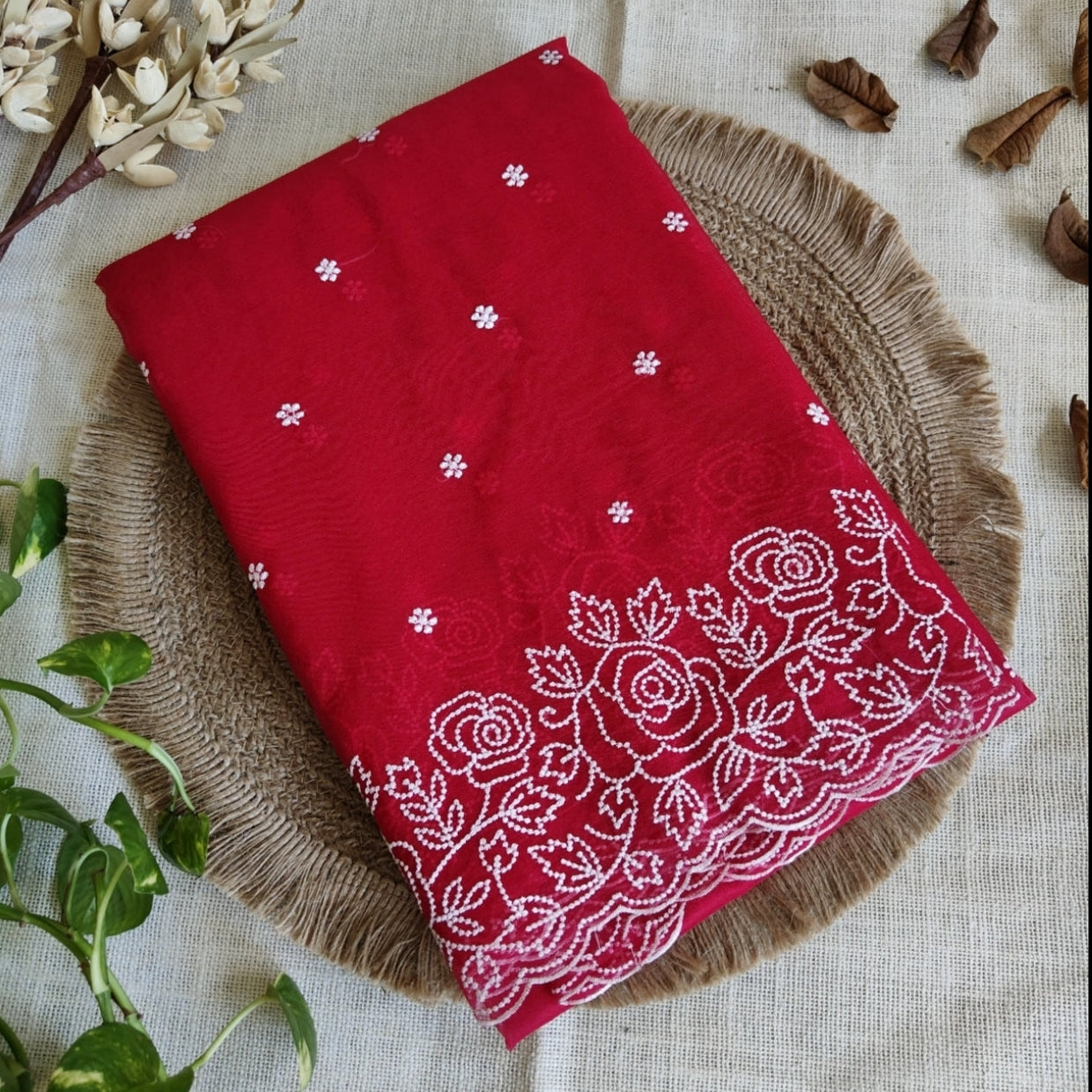 Red Floral Scallop Embroidery Organza Saree