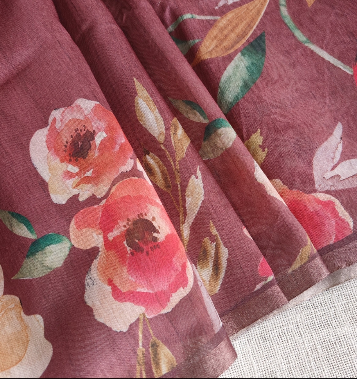 Dark Brown Chanderi Floral Print Saree
