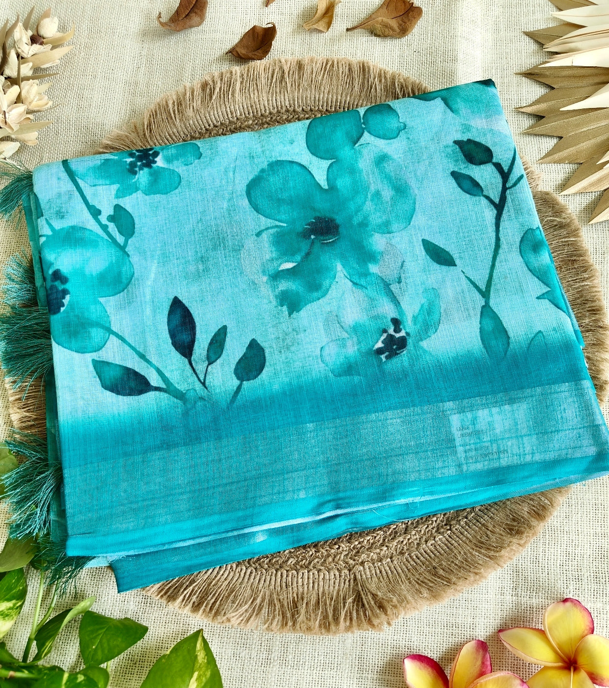 Rama Green Floral Linen Saree