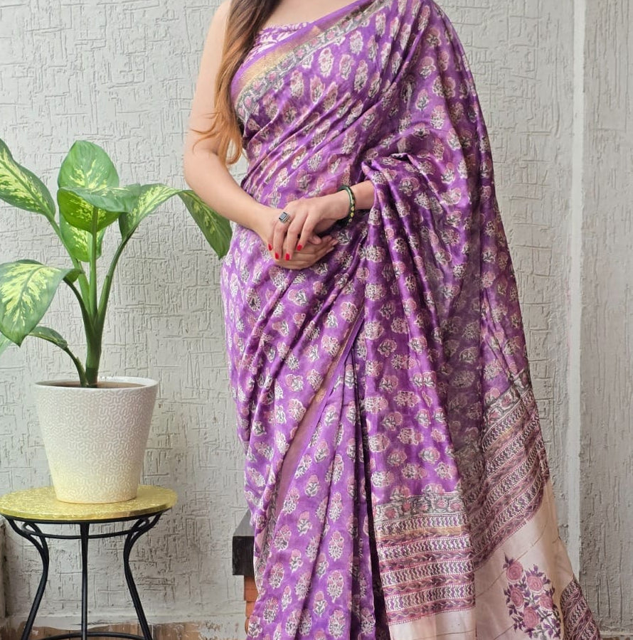 Lilac Maheshwari Silk Cotton Saree