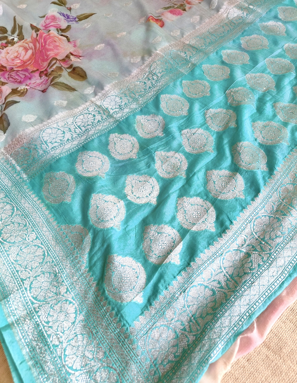 Sky Blue Pure Georgette Floral Saree