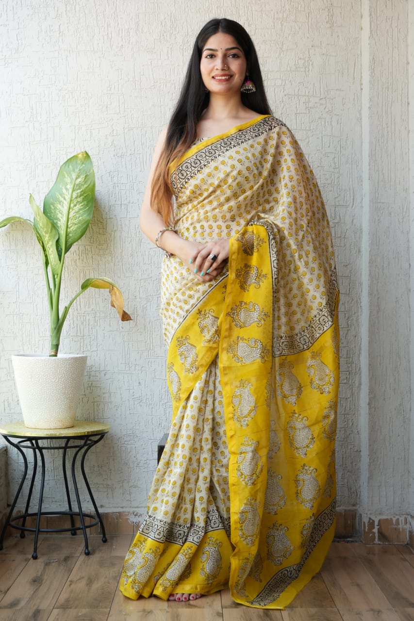 Beige yellow Chanderi Silk Cotton Saree