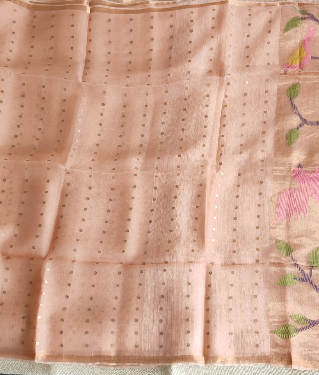 Blush Beige Pure Muslin Sequin Paithani Pallu Saree