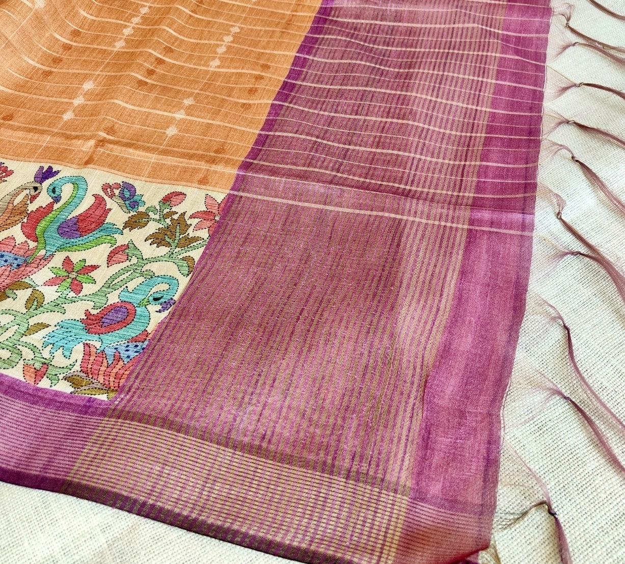 Orange with Purple Semi Tussar Saree