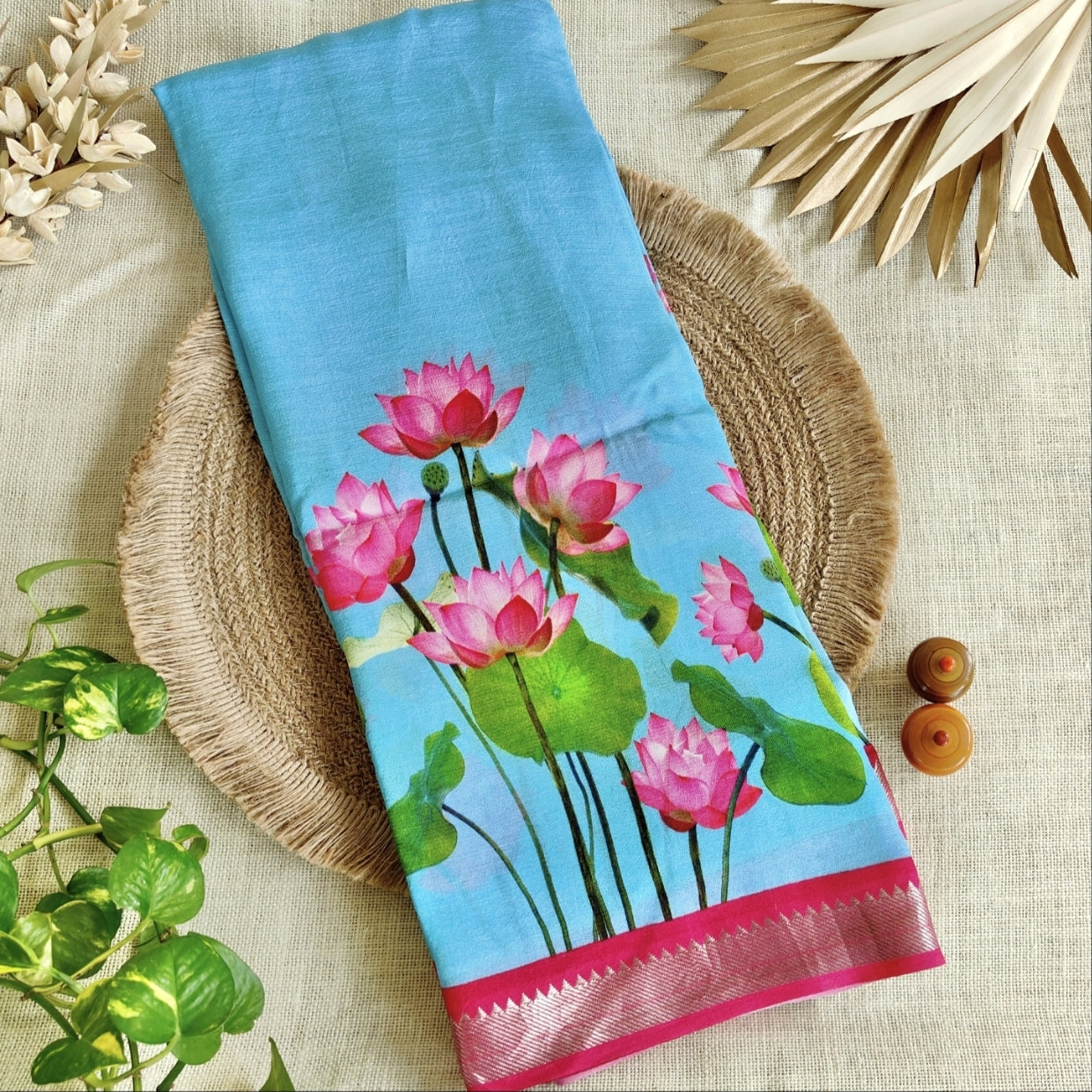 Sky Blue with Lotus Pure Mangalagiri Silk Saree