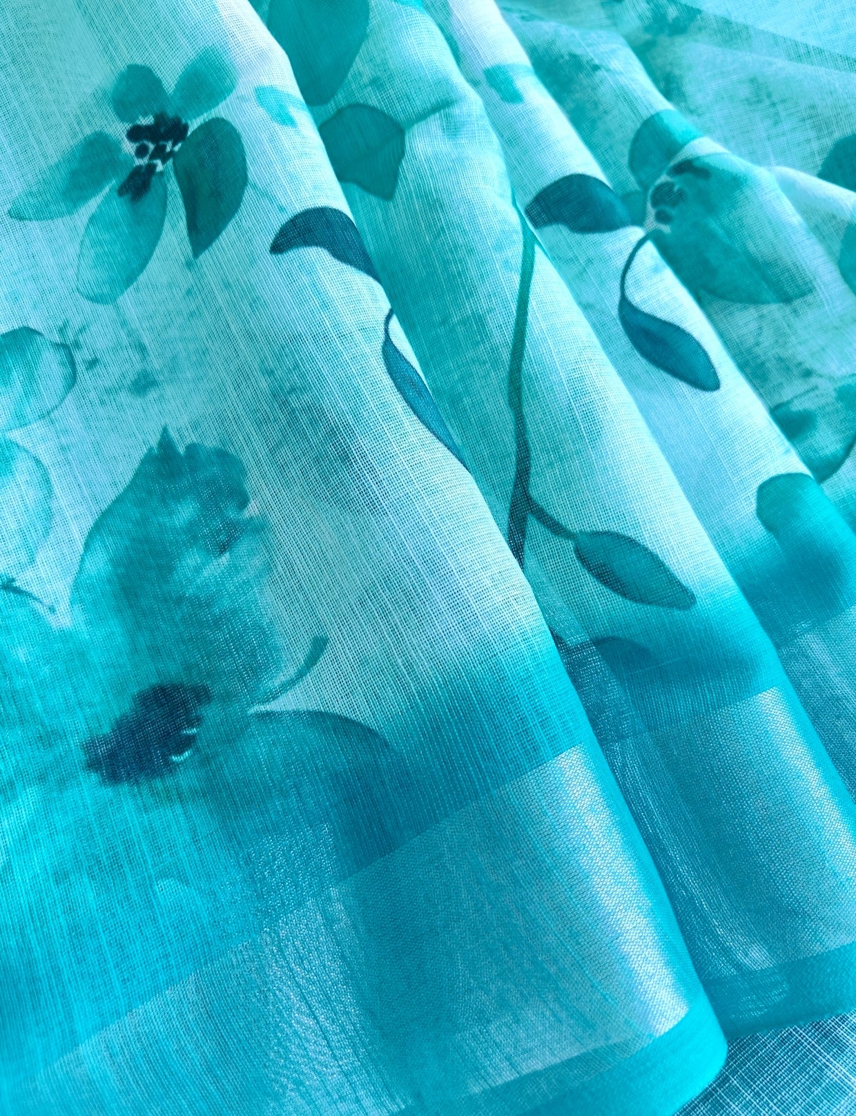 Rama Green Floral Linen Saree