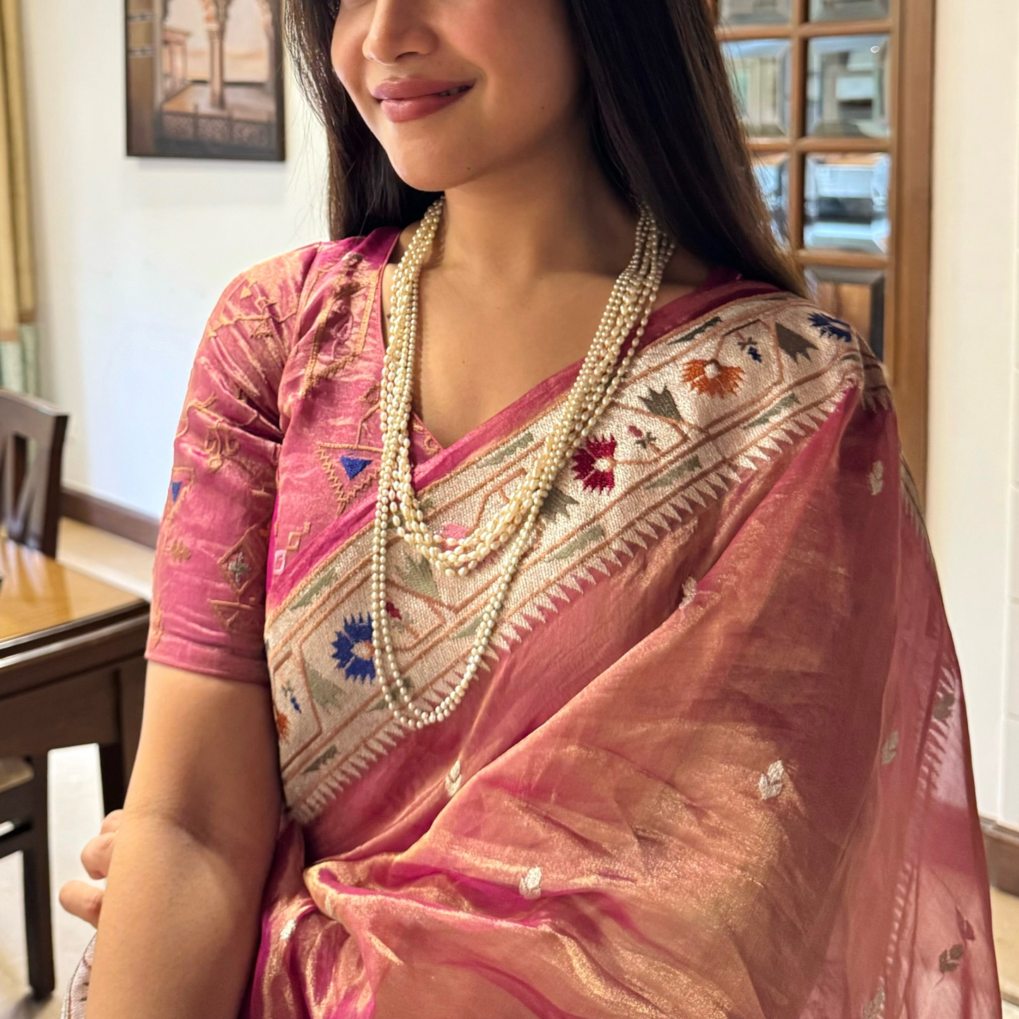Dusty Rose Pink Paithani Border Pure Tissue Saree