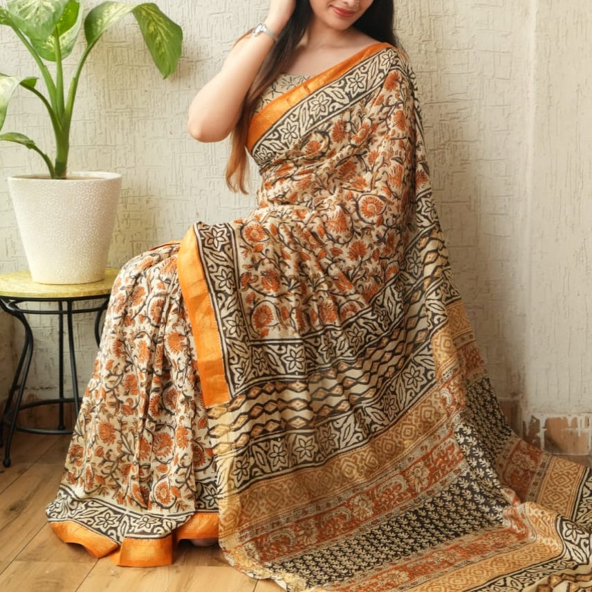 Marigold Maheshwari Silk Cotton Saree