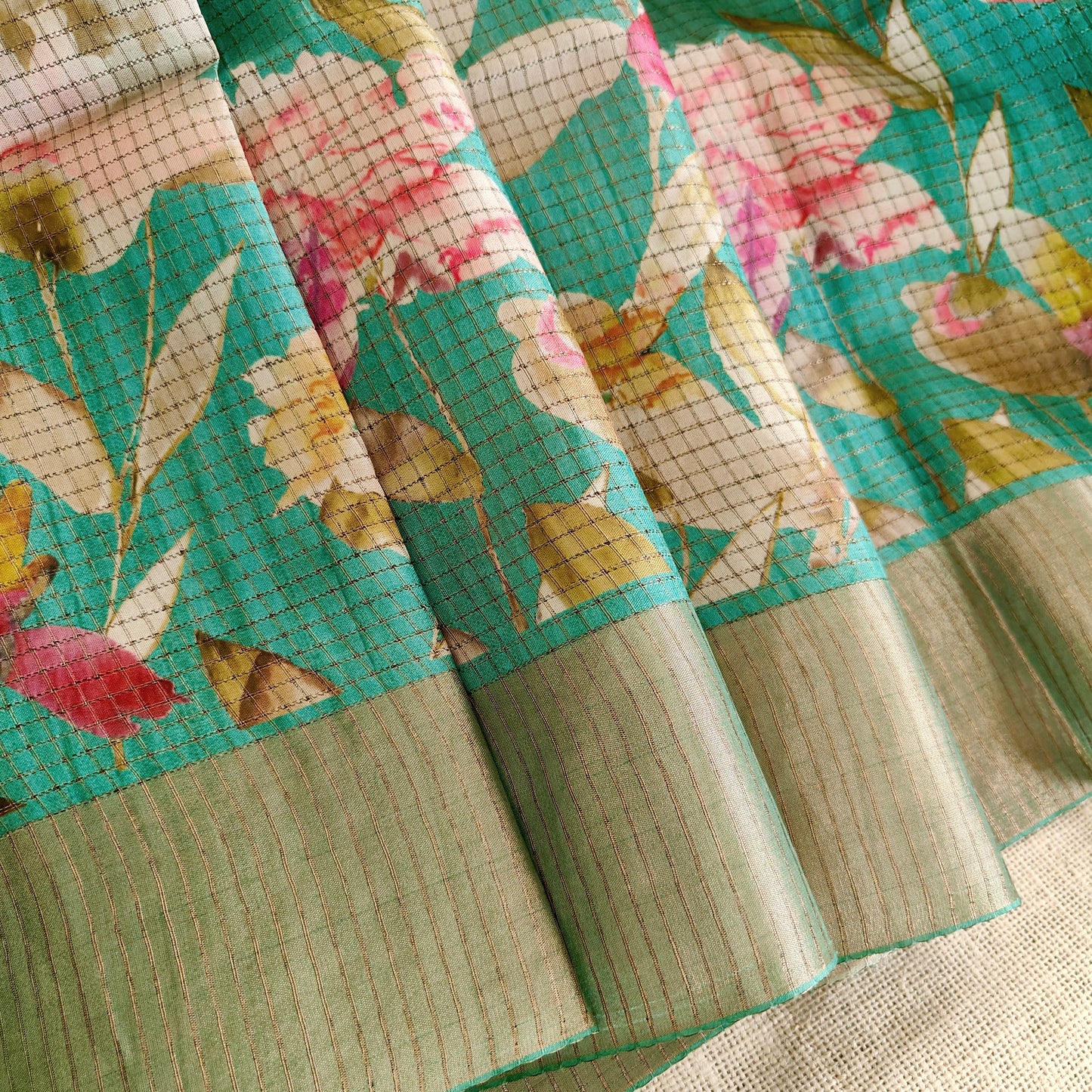 Turquoise Kota Checks Tussar Saree