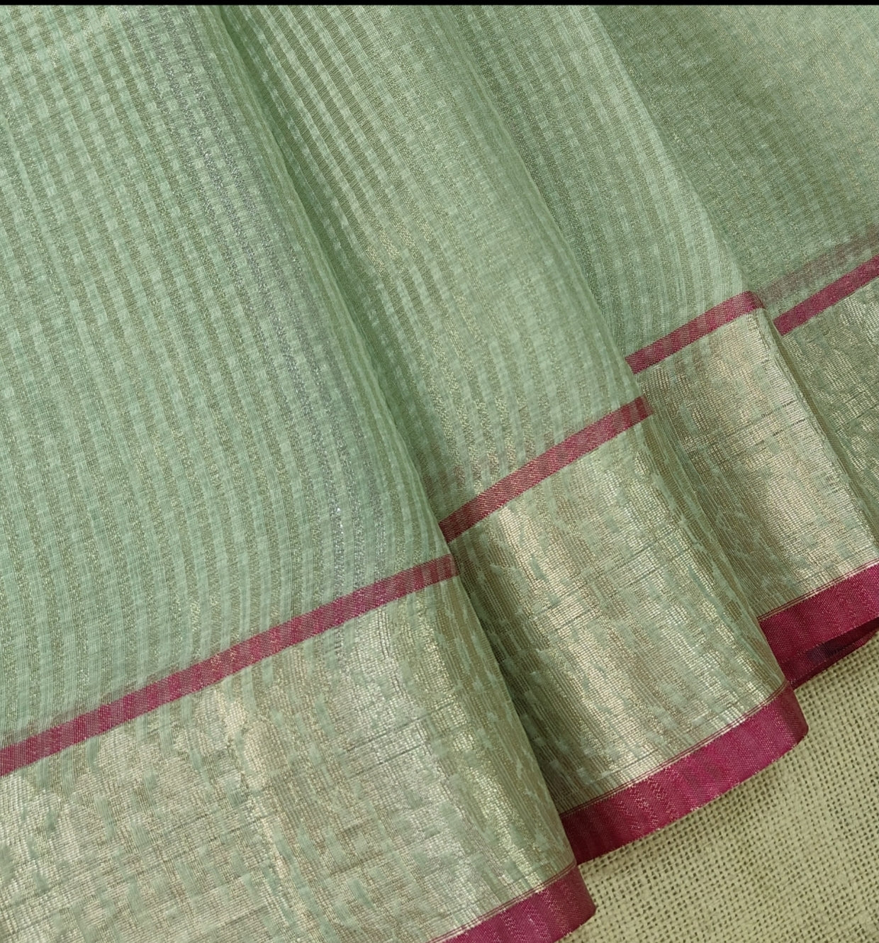 Pista Green Banarasi Antique Gold Stripe Saree