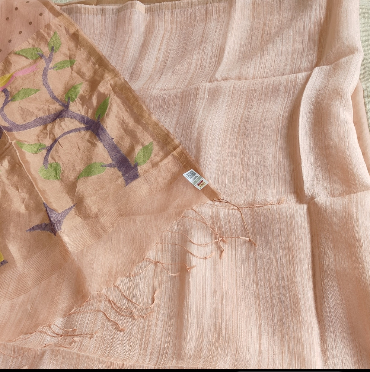 Blush Beige Pure Muslin Sequin Paithani Pallu Saree