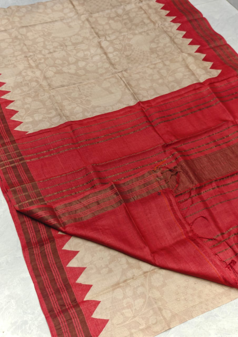 Beige n Red Peacock Pure Tussar Silk Saree