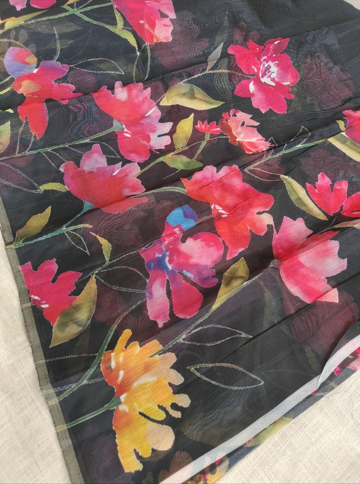 Black Chanderi Floral Print Saree