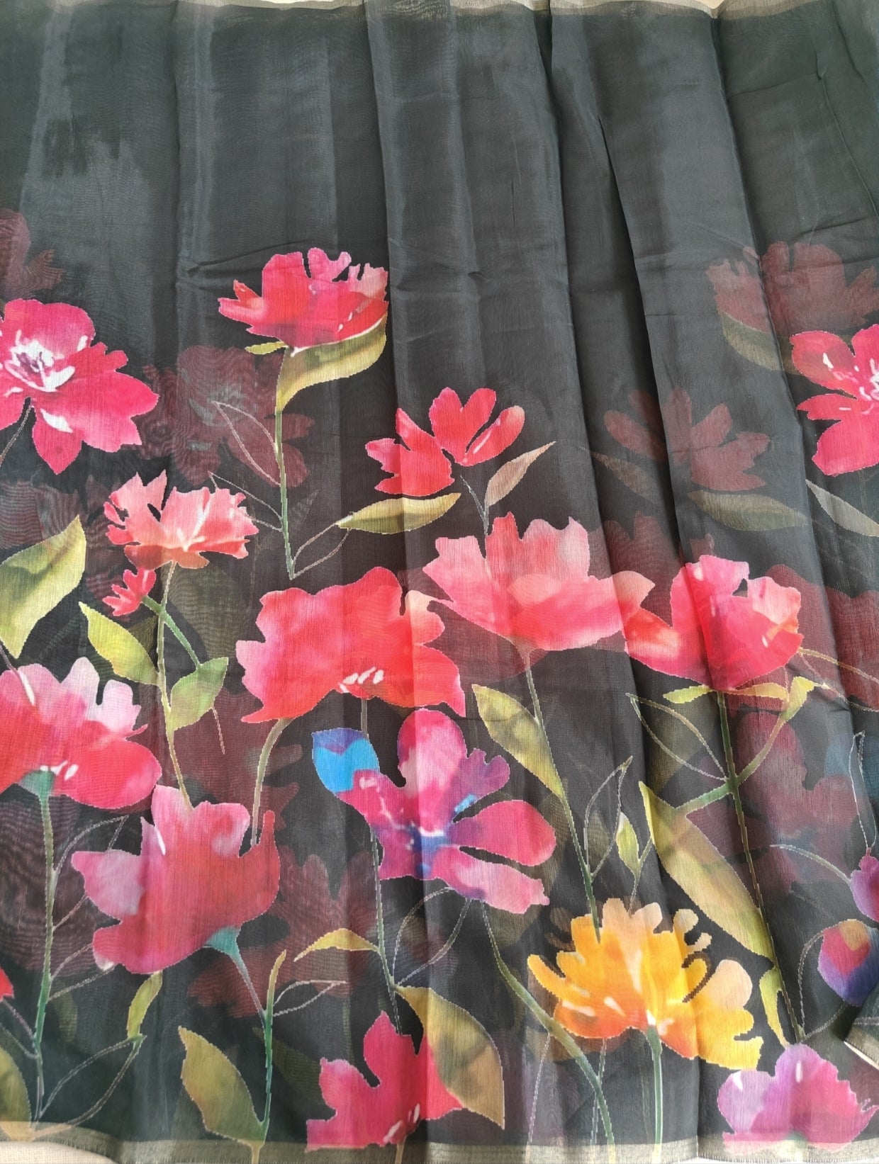 Black Chanderi Floral Print Saree