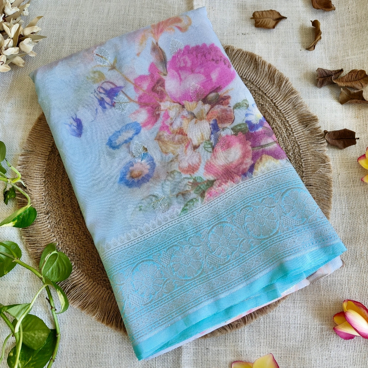 Sky Blue Pure Georgette Floral Saree