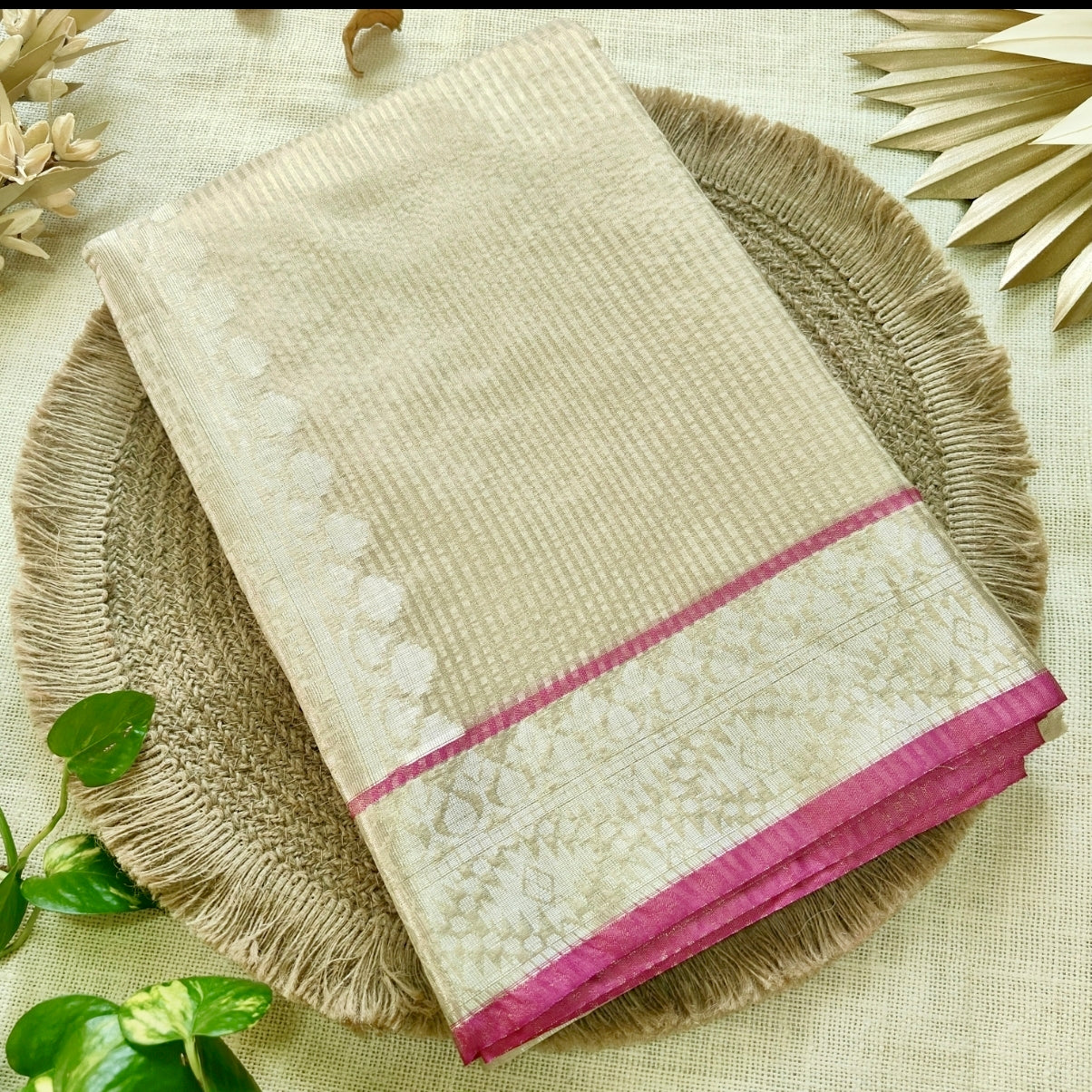 Ivory Banarasi Antique Gold Stripe Saree