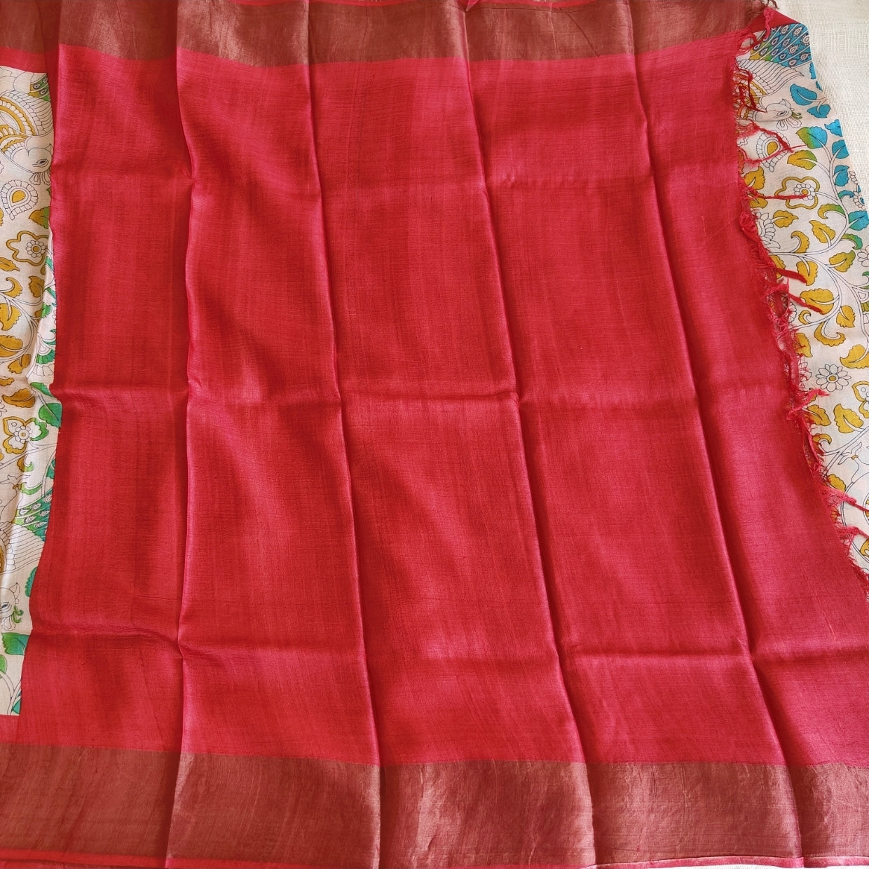 Red Peacock Pure Tussar Silk Saree