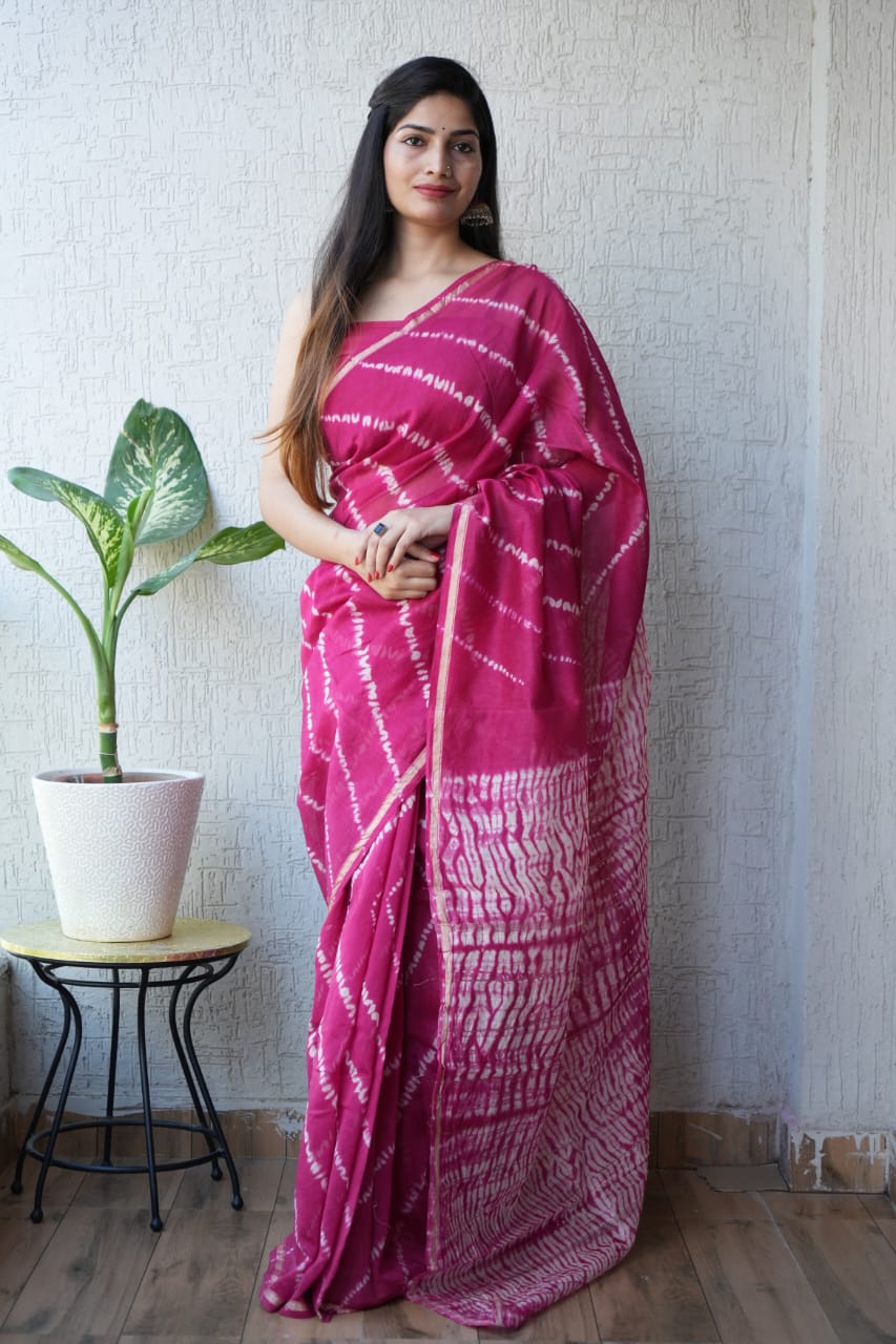 Pink Lehariya Chanderi Silk Cotton Saree