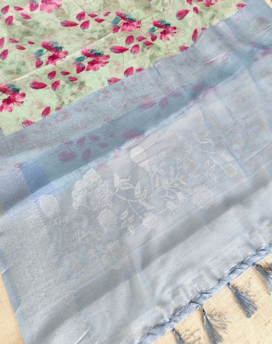 Mint Green Pink Floral Linen Saree