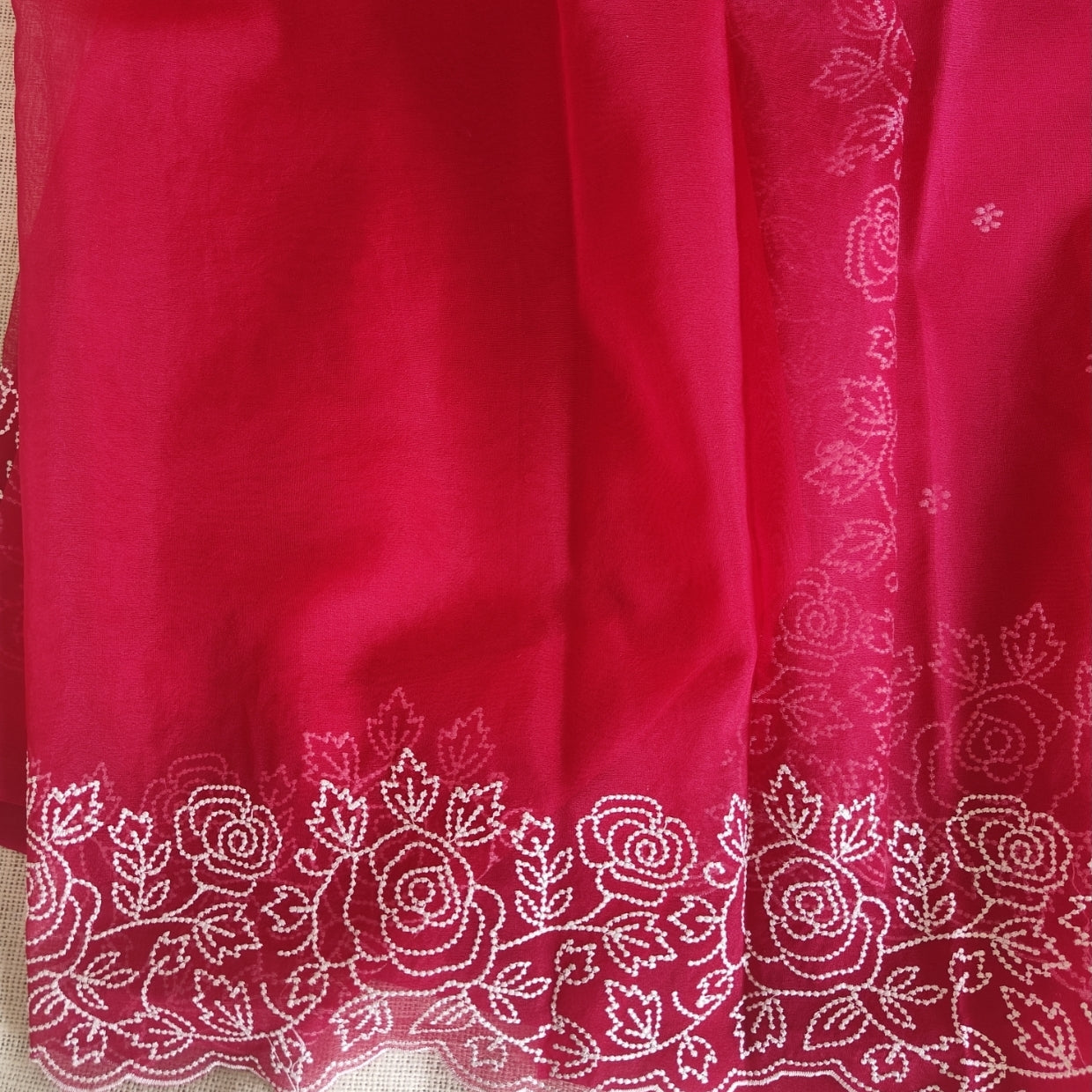Red Floral Scallop Embroidery Organza Saree