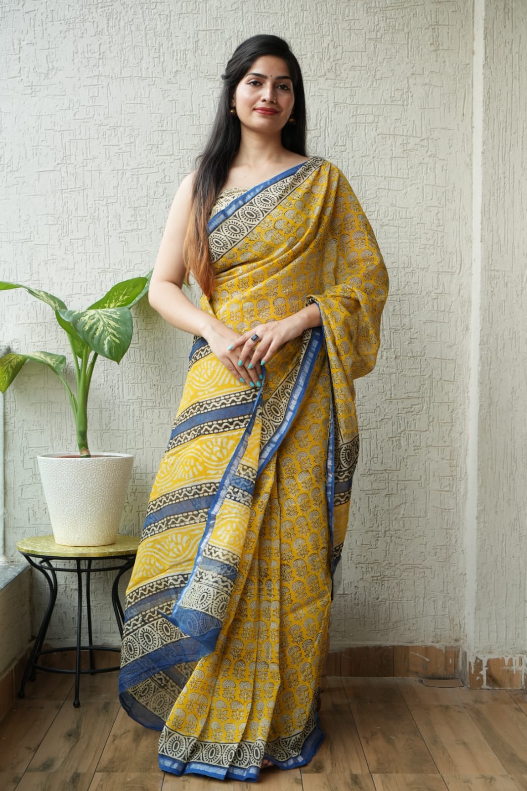 Yellow n Blue Chanderi Silk Cotton Saree