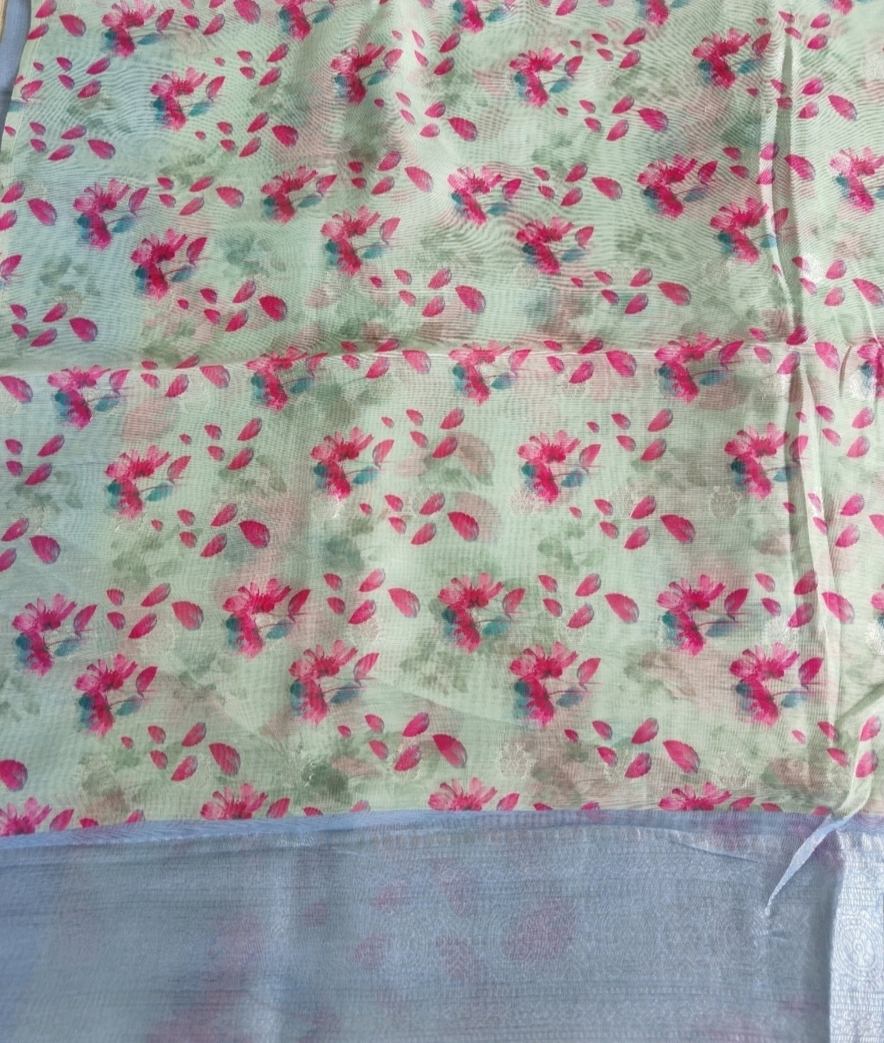 Mint Green Pink Floral Linen Saree
