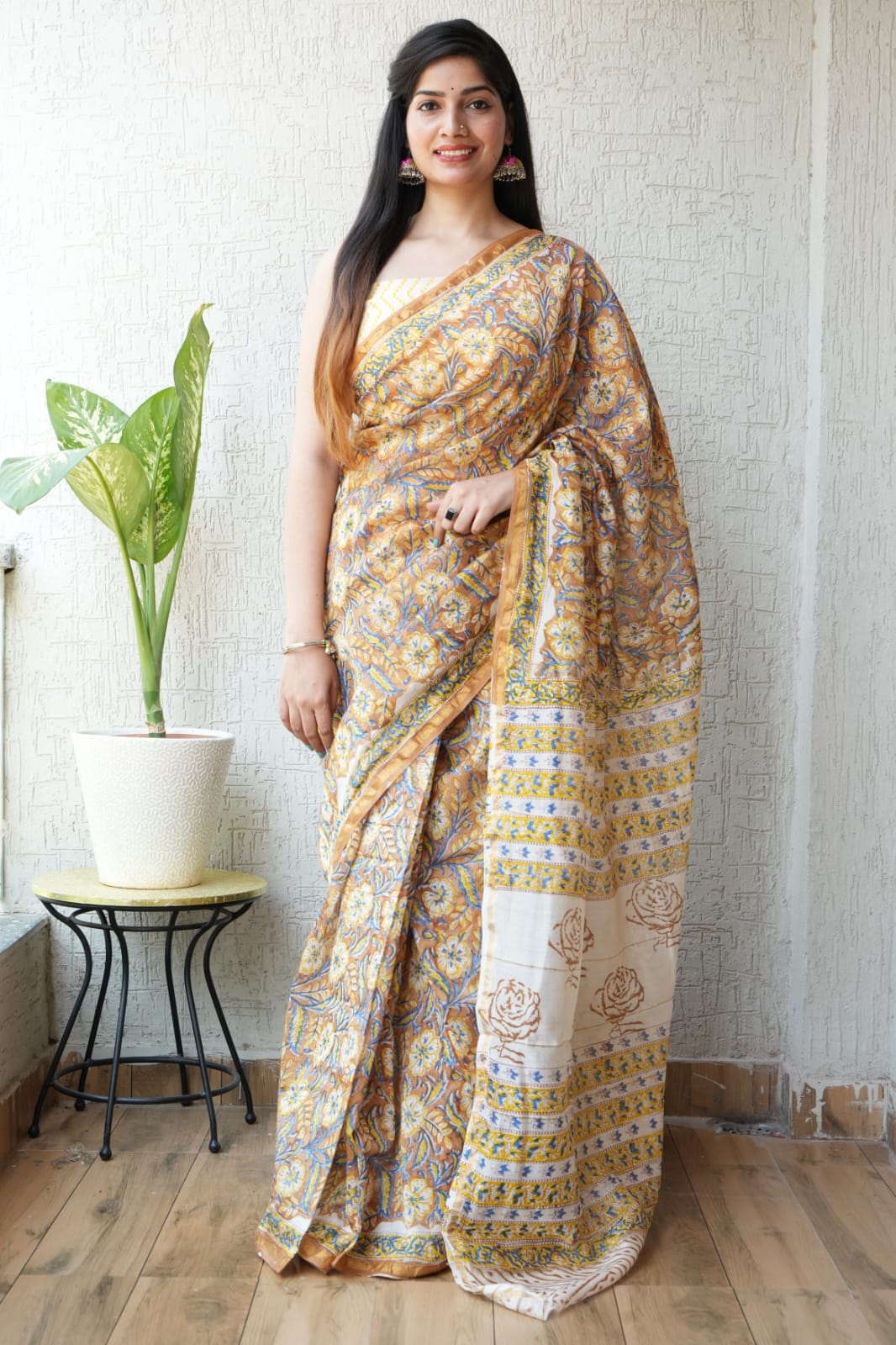 Off white yellow Floral Chanderi Silk Cotton Saree