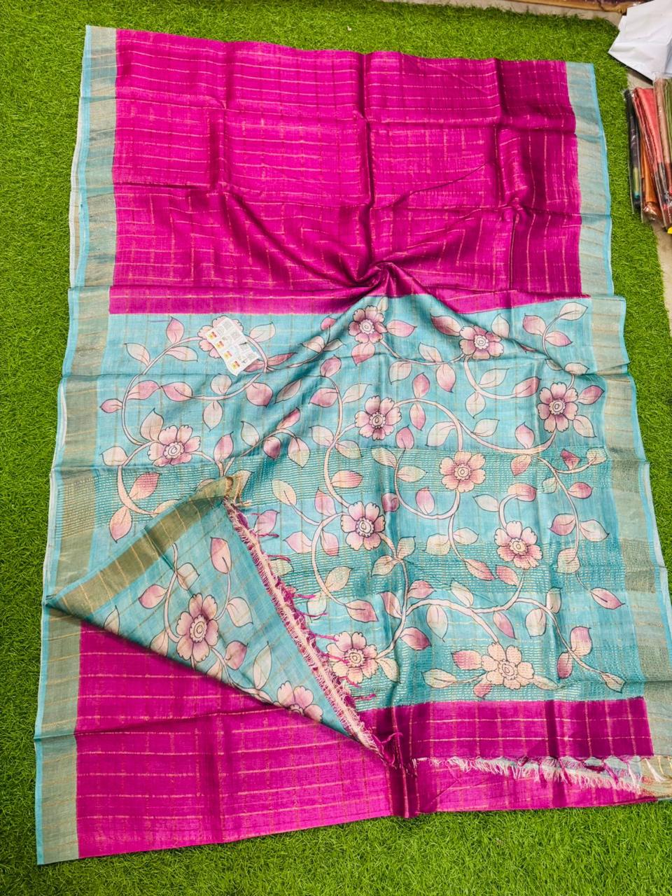 Pink Zari Checked Pure Tussar Silk Saree