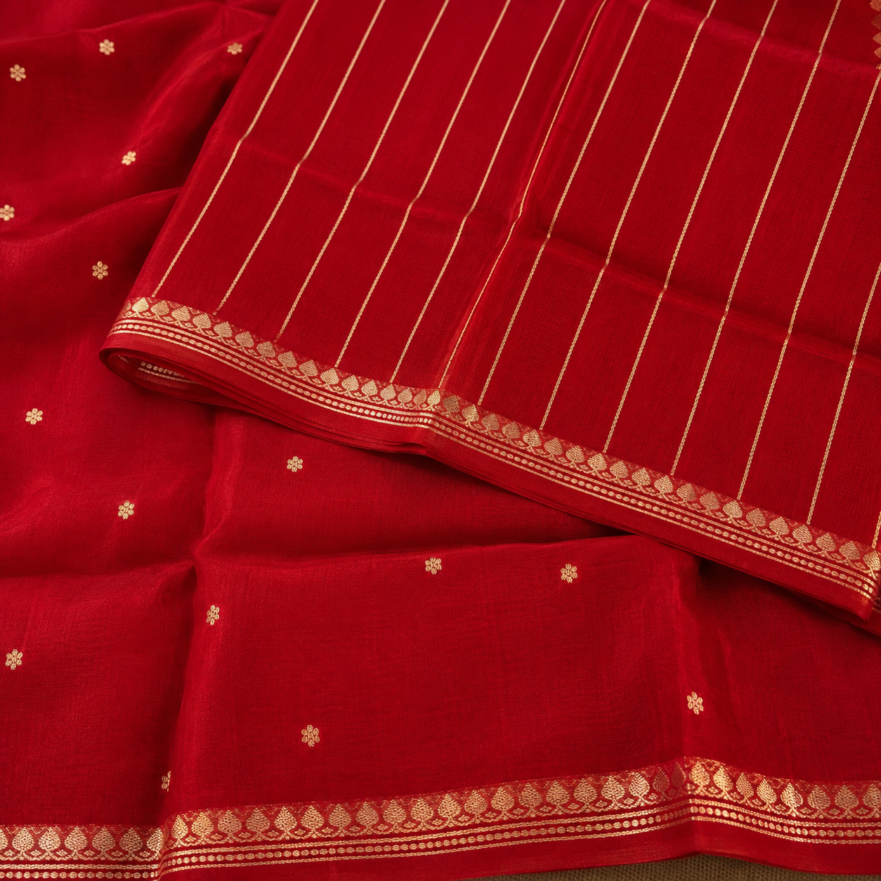 Scarlet Red Pure Kora Silk Saree