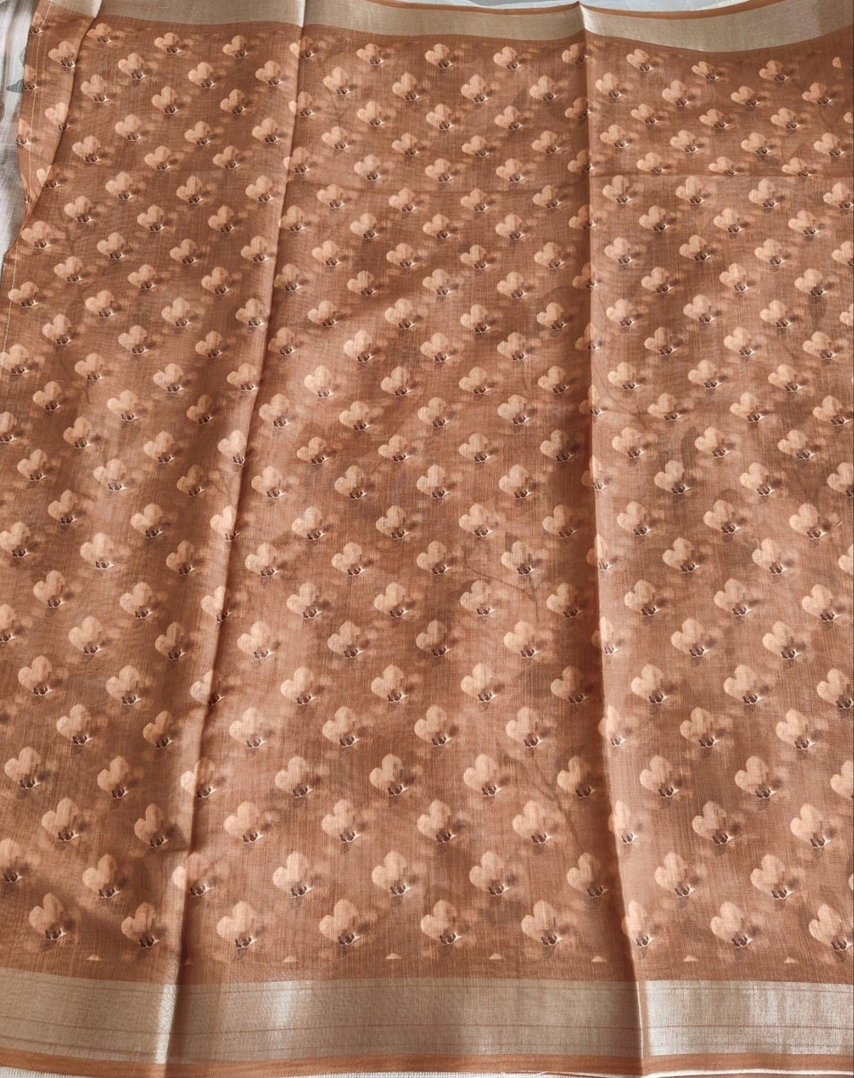 Rust Orange Floral Linen Saree - Vini's Ethnic