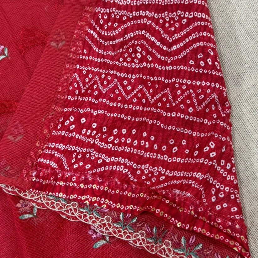Tomato Red Kota Scallop Embroidery Saree - Vini's Ethnic